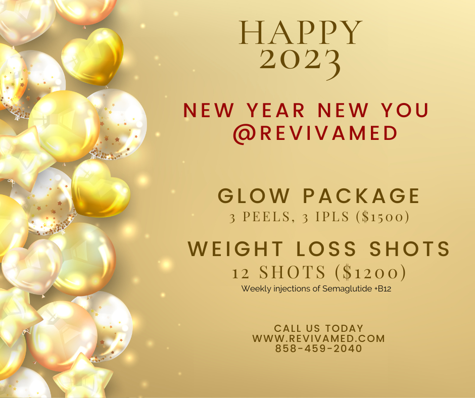 this is a flyer for the promotions RevivaMed La Jolla are running for the month of January 2023. the packages are 3 peels and 3 ipl treatments for $1500 and 12 semaglutide + B12 weight loss shots, administered weekly, for $1200